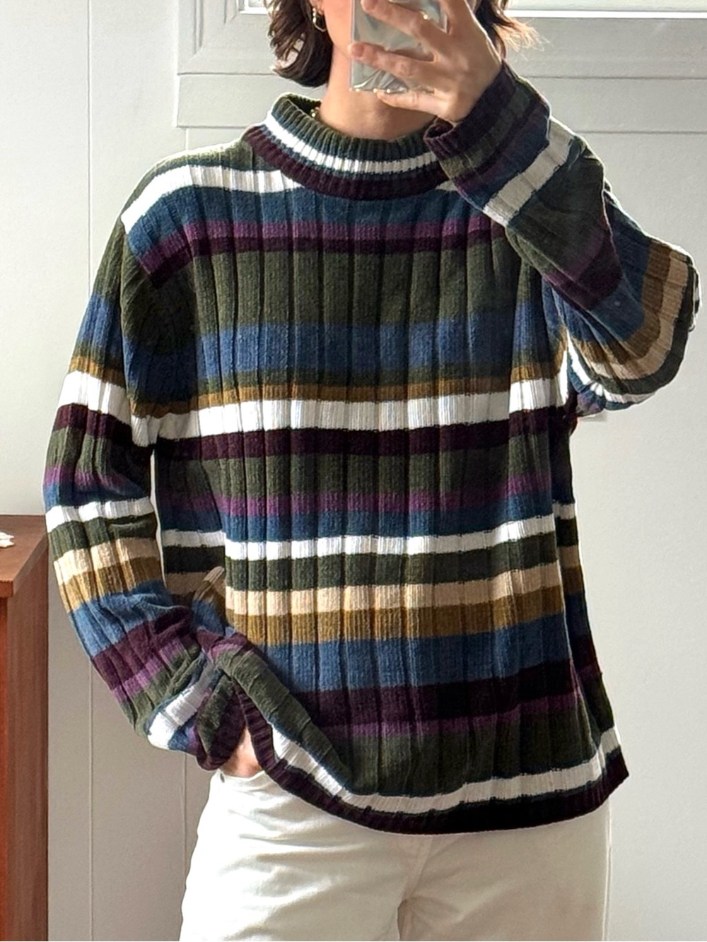 Vintage 90s chenille striped ribbed pattern mock neck knit sweater multicolor